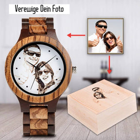 Auch die Holzbox deiner individuellen "Fotouhr" wird mit deinem Bild versehen