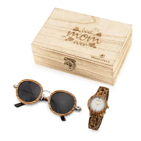 Das perfekte Präsent: unsere Geschenkbox "Best Mom Monroe" mit Sonnenbrille und Uhr aus Holz