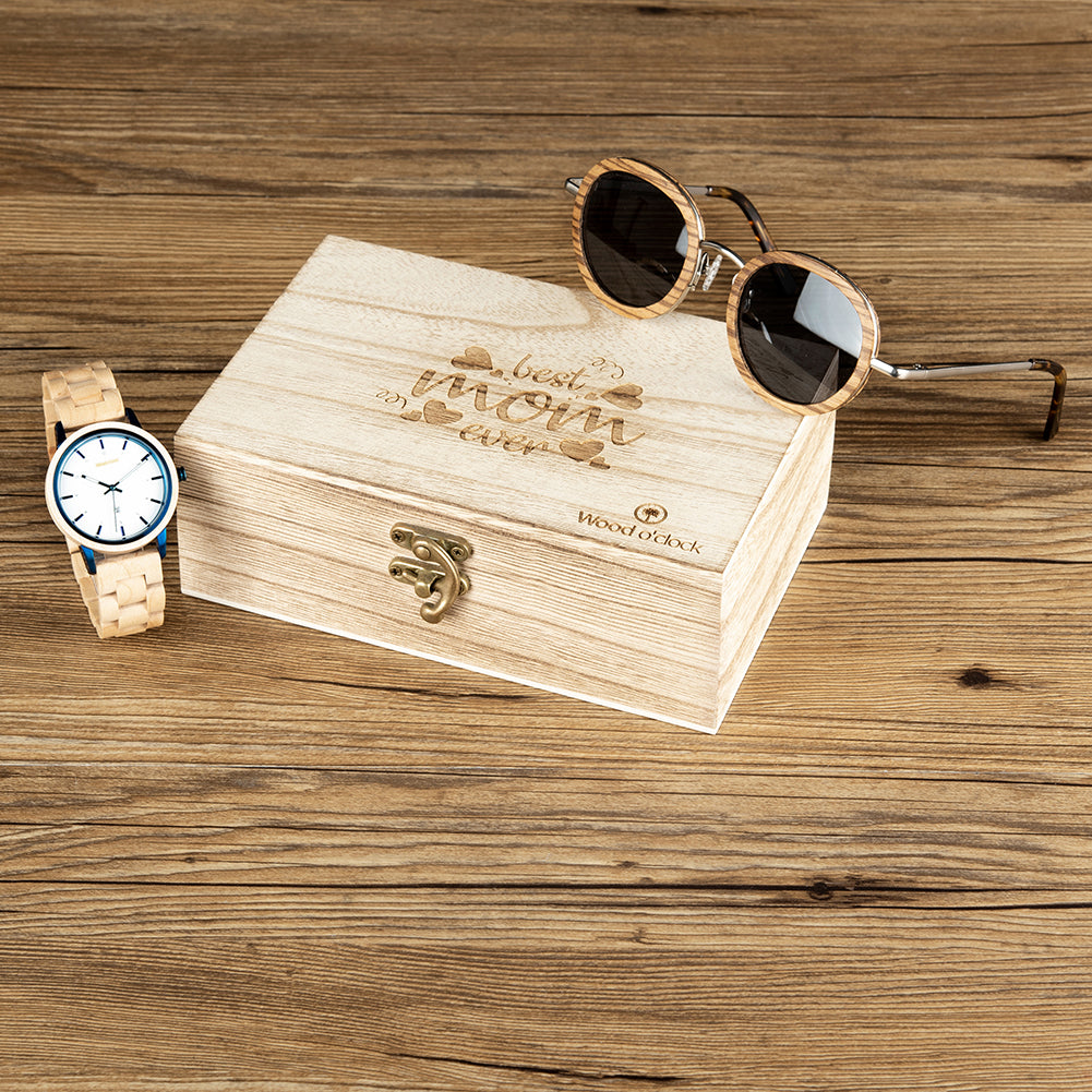 Dieses Geschenktset enthält eine Sonnenbrille und eine Armbanduhr aus Holz