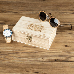 Dieses Geschenktset enthält eine Sonnenbrille und eine Armbanduhr aus Holz