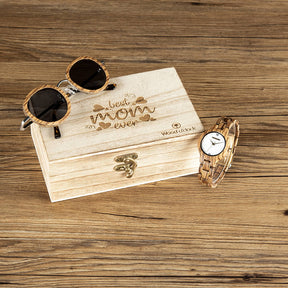 Verschenke das edle Set "Best Mom Monroe" mit Armbanduhr und Holzsonnenbrille