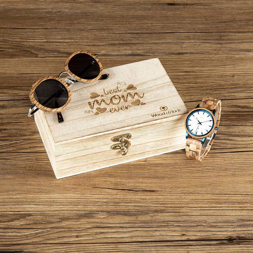 Geschenkbox Muttertag mit Uhr aus Sandel-Holz & Sonnenbrille