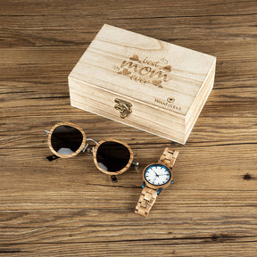 Unsere Geschenkbox "Sofia" enthält eine edle Armbanduhr aus Sandel-Holz & eine dazu passende Sonnenbrille